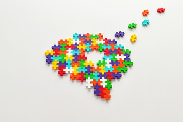 Brain shaped colorful jigsaw puzzle on white background. Mental health and problems with memory. Alzheimer disease.
