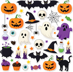 Halloween Cartoon Elements Collection – Pumpkins, Ghosts, Bats, Skulls, Witch Hat, Candles, and Candy Clipart Set