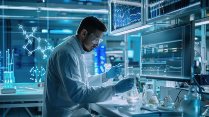 Scientist working in a high-tech laboratory with futuristic equipment stock photo --ar 16:9 --raw --v 6 Job ID: 27ffd9a3-19e0-42ce-aad7-4de9b2afab10
