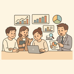 Business Meeting Analysis  A team of business professionals gathers around a table, engrossed in data analysis and strategic planning, with charts and graphs visible in the background.