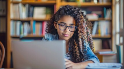 Teen girl learning on home computer stock photo --ar 16:9 --raw --v 6 Job ID: edf6b090-9e3c-43e9-83f3-789f287d2292