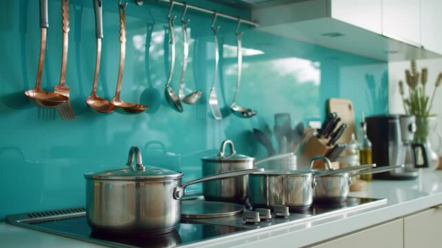 Modern kitchen scene with stainless steel pots on a cooktop, hanging copper and silver utensils against a turquoise backsplash