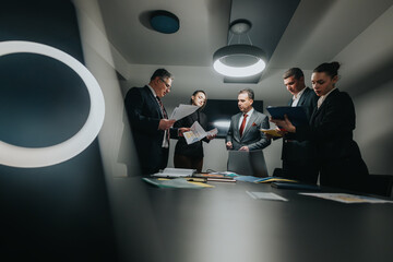 A group of business professionals collaborating in a meeting room under modern lighting, discussing...