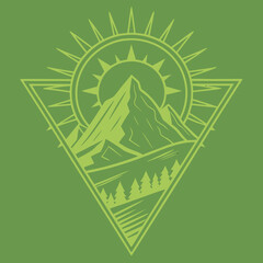 Naklejka premium Green Mountain Emblem with Sun and Pine Trees – Geometric Triangle Nature Vector