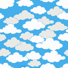 a seamless pattern featuring white and light gray fluffy clouds of various sizes scattered across a bright blue sky background.