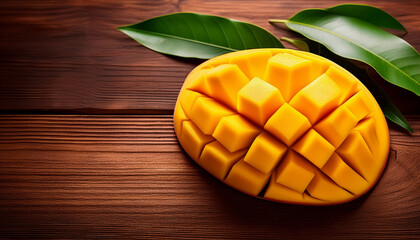 Fresh ripe mango sliced into cubes, beautifully arranged on a wooden surface with tropical green leaves. Perfect for themes like exotic fruits, summer, and healthy eating.