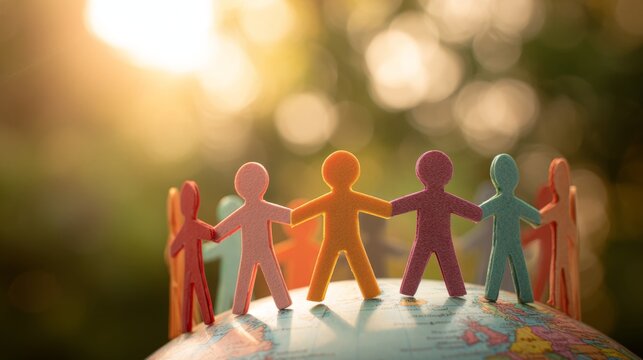 Colorful paper people stand on globe, representing global unity and community with a bright bokeh background suggesting hope.