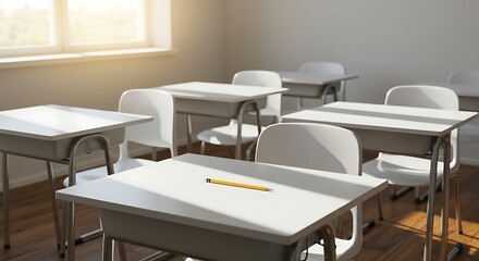 Empty classroom with white desks and chairs, sunlit through a window.