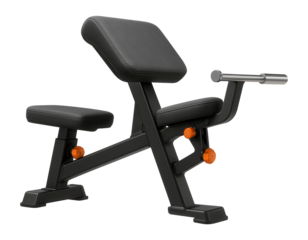 Seated Scott bench with adjustable preacher pad and barbell holder for arm curls