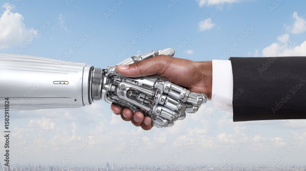 Poster hand shaking a robot symbolizing the integration of technology and human interaction in modern busin
