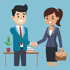 Business professionals shaking hands over a desk with books and a plant