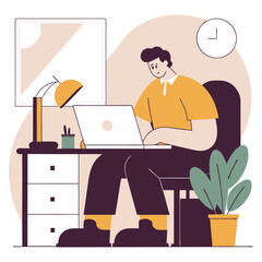 Man working on laptop at desk with lamp and plant