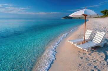 A serene beach scene with two sun loungers under an umbrella, surrounded by white sand and palm trees against the backdrop of a clear blue sky at sunset