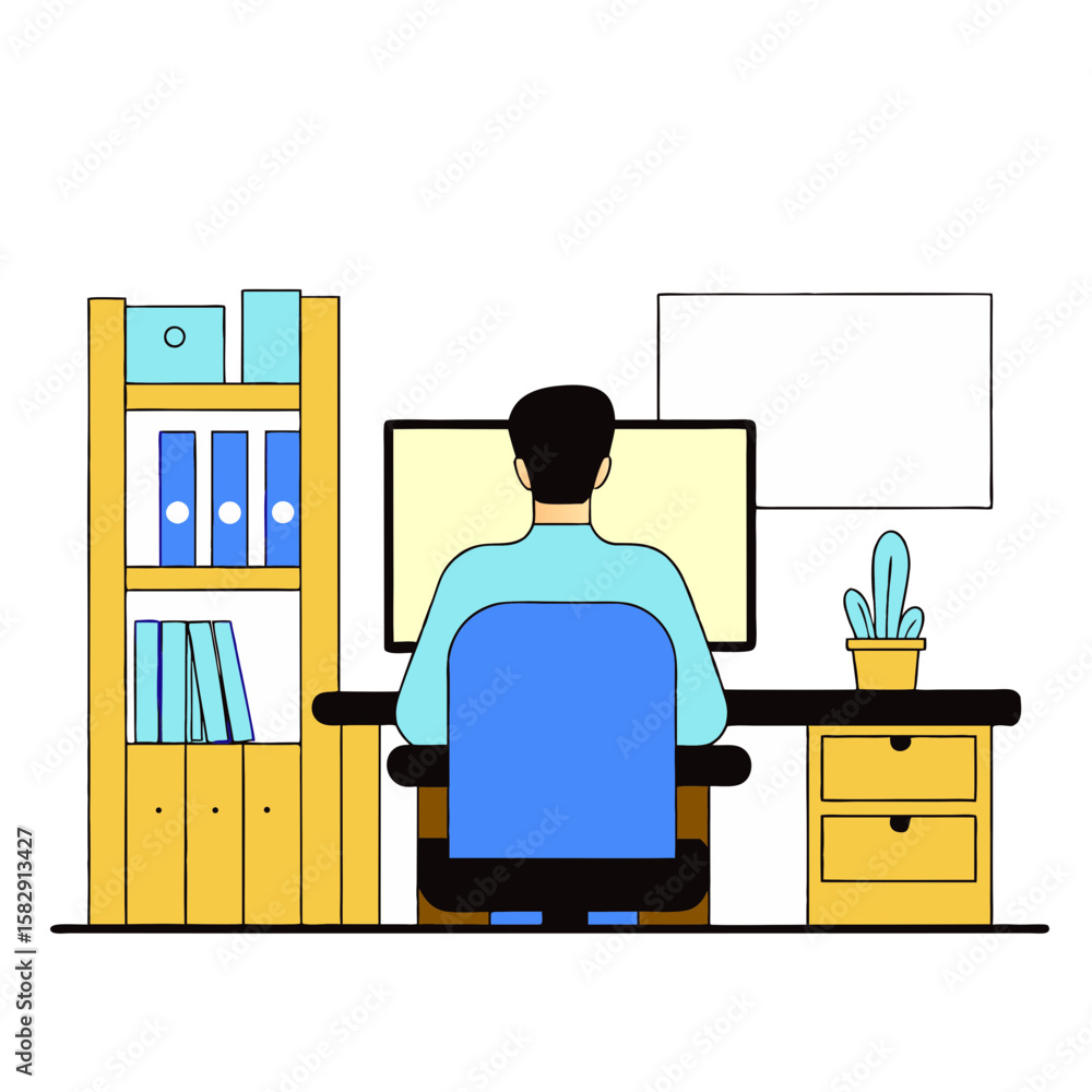 Poster person working at a desk with a computer and bookshelf in a modern office