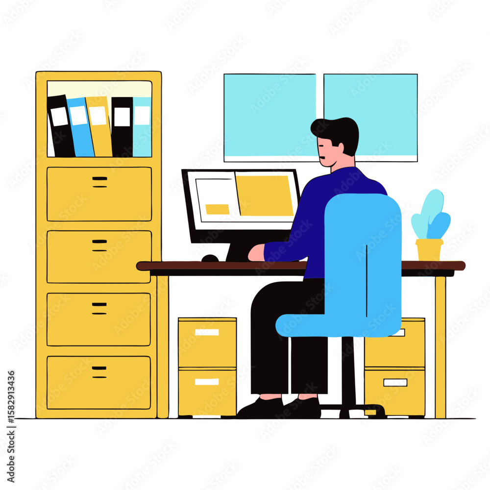 Poster man working at desk with computer and filing cabinet