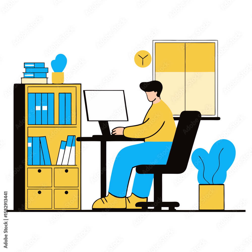 Poster man working on a computer at a desk with a bookshelf and plants