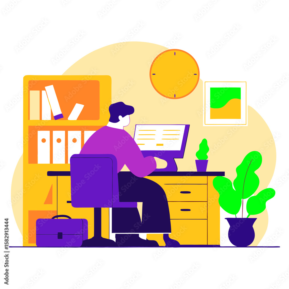 Poster person working at a desk with computer and bookshelf in a stylized office