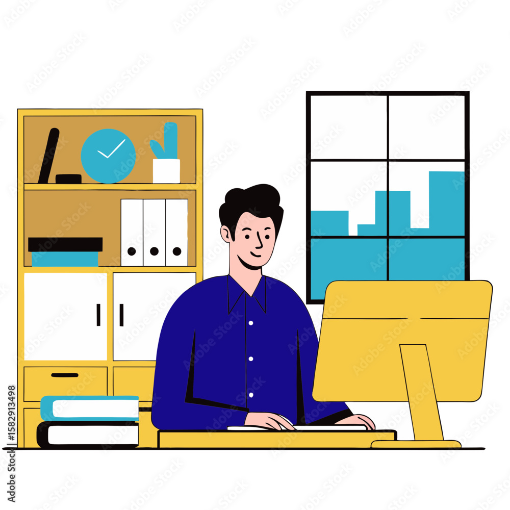 Poster man working on computer in office with bookshelf and window graph