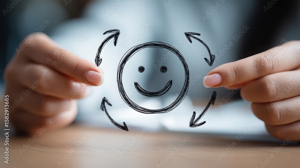 Poster person holding a smiley face icon representing joy in business through abstract circular joy loop co