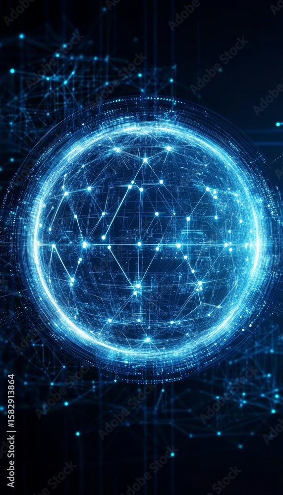 Poster futuristic digital sphere with glowing data points for modern tech visualizations and designs.