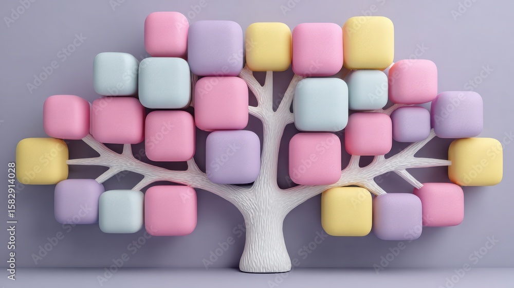 Poster colorful block tree representation symbolizing growth and structure in business model innovation con