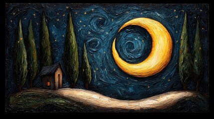 Crescent Moon Over a Cabin and Cypress Trees at Night