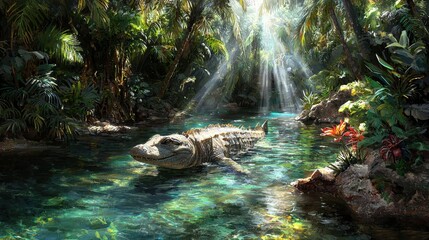 Crocodile in a Lush Tropical Stream
