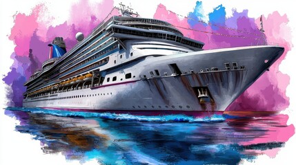 Cruise Ship at Sea Digital Watercolor Painting