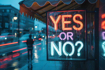 Neon sign posing the question yes or no on a rainy night