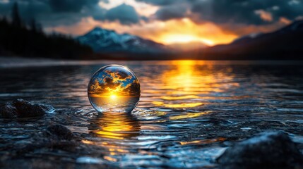 Crystal Ball Sunset Reflection Over Mountain Lake