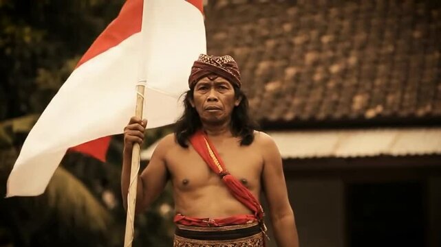 Barechested man holds flag wearing headwear  belt in front of a building with a weathered roof