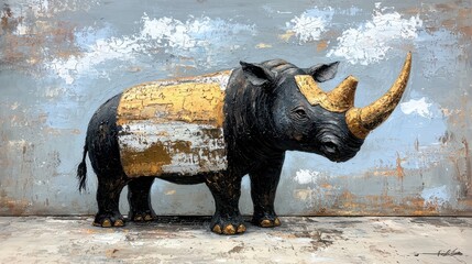Cubist Rhinoceros Sculpture Black Gold and Gray Textured Background