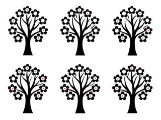 Six stylized black trees with pink and white flowers on white backgrounds