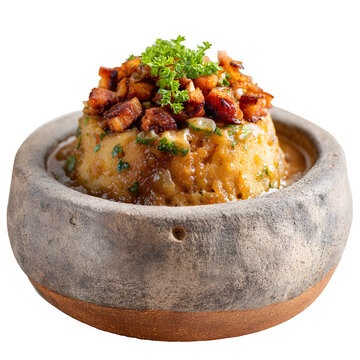 Puerto Rican mofongo with garlic, pork cracklings, and gravy in a pil?n bowl, isolated on a white background