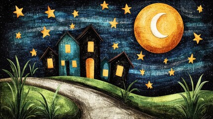 Curving Road Leading to a Starlit Village Under a Crescent Moon