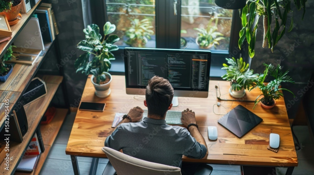 Poster remote worker using computer at desk stock photo --ar 16:9 --raw --v 6 job id: 6ea0f156-ccea-42a7-b9