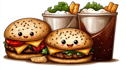 Cute Cartoon Cheeseburgers with Fries and Soda