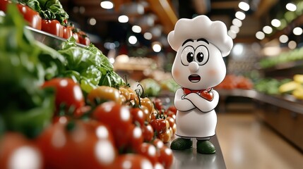 Cute Cartoon Chef in Grocery Store Produce Aisle
