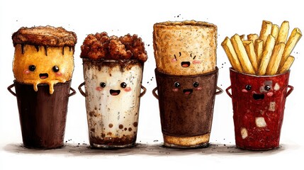 Cute Cartoon Fast Food Illustration Cheesy Cup Coffee Sandwich Fries