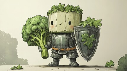Cute tofu knight holding broccoli and shield with parsley decoration