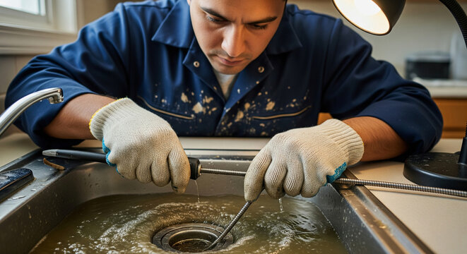 Plumber cleaning dirty clogged sink drain in kitchen. Close-up