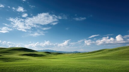 Serene landscape of rolling green hills under a vibrant blue sky dotted with fluffy white clouds
