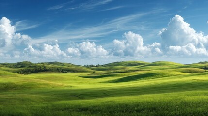 Fototapeta premium Serene rolling green hills under a vibrant blue sky with fluffy white clouds