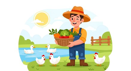 Smiling farmer holding a basket of fresh produce, surrounded by ducks and chickens in a peaceful countryside setting.