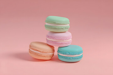 Fototapeta premium Pastel Macarons Stacked on Pink Background, inviting treat for dessert lovers.
