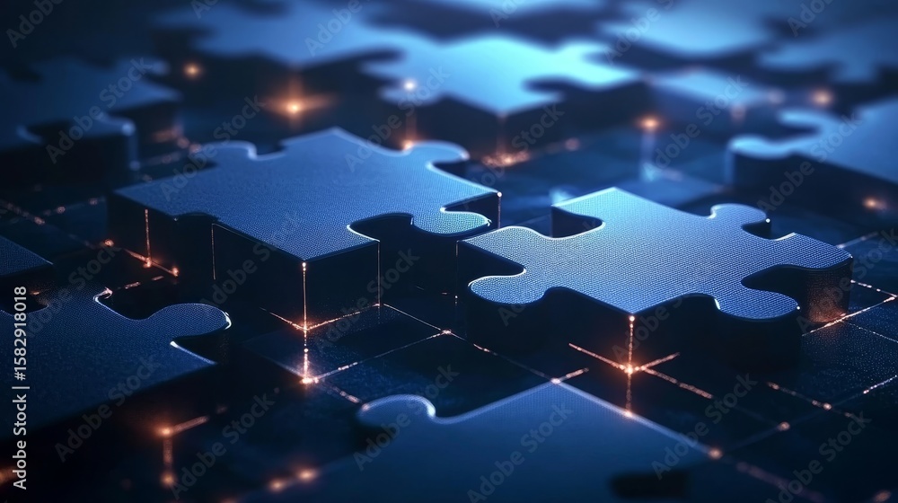 Poster interlocking digital puzzle design symbolizing seamless harmony in high tech systems and technology