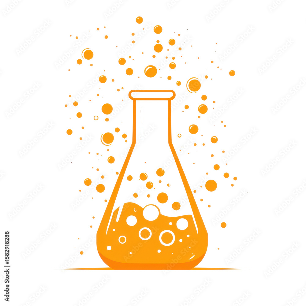 Poster boiling flask concept. orange chemical flask with bubbling liquid and floating particles, symbolizin