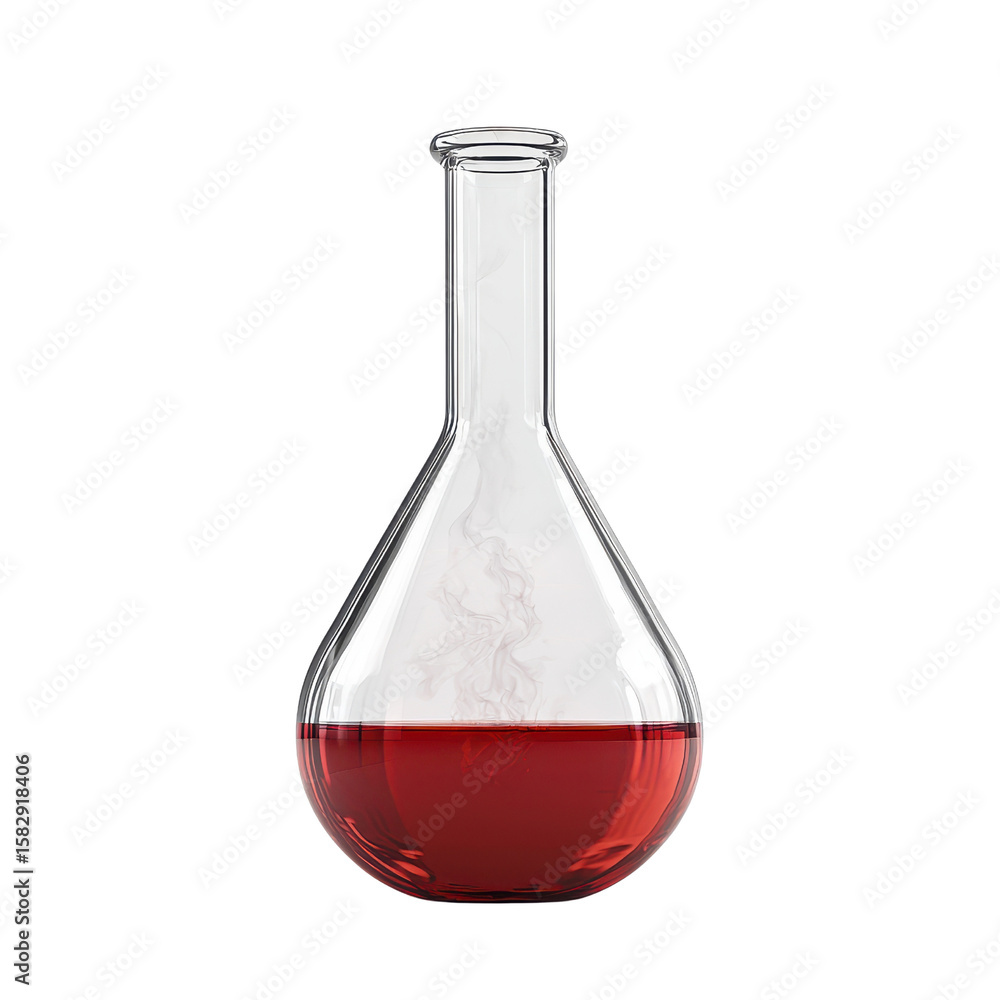 Poster boiling flask concept. glass flask with red liquid, transparent background, used in science or chemi