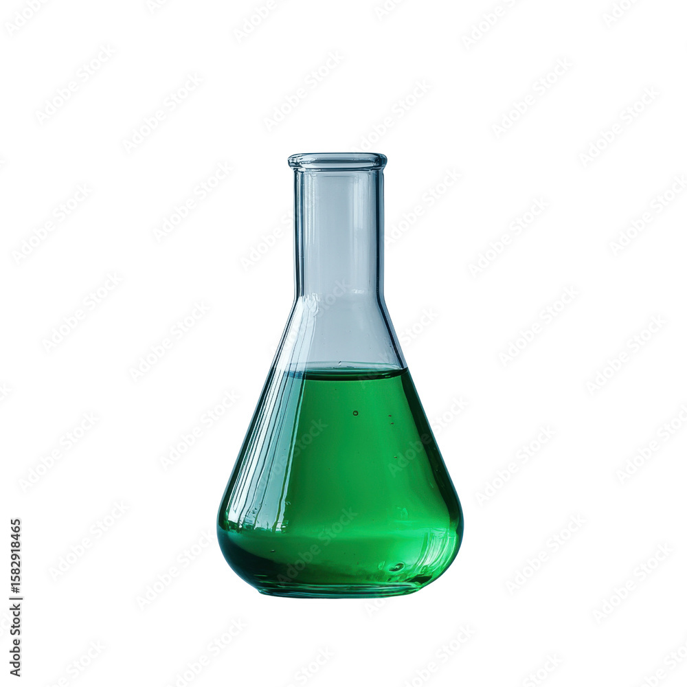 Poster boiling flask concept. green liquid in transparent glass flask, laboratory science experiment concep