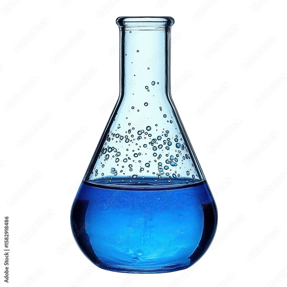 Poster boiling flask concept. blue liquid in transparent glass flask with bubbles, isolated on transparency